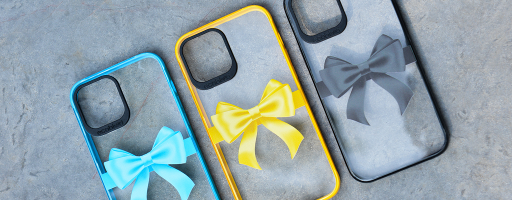 EcoBlvd's That's A Wrap Clear Compostable iPhone Cases In Blue, Yellow and Black