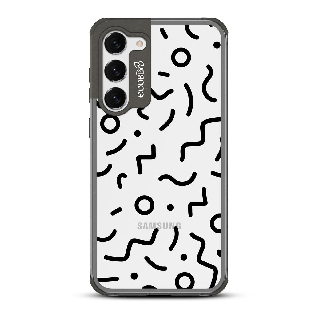90's Kids - Black Eco-Friendly Galaxy S23 Case with Retro 90's Lines & Squiggles On A Clear Back