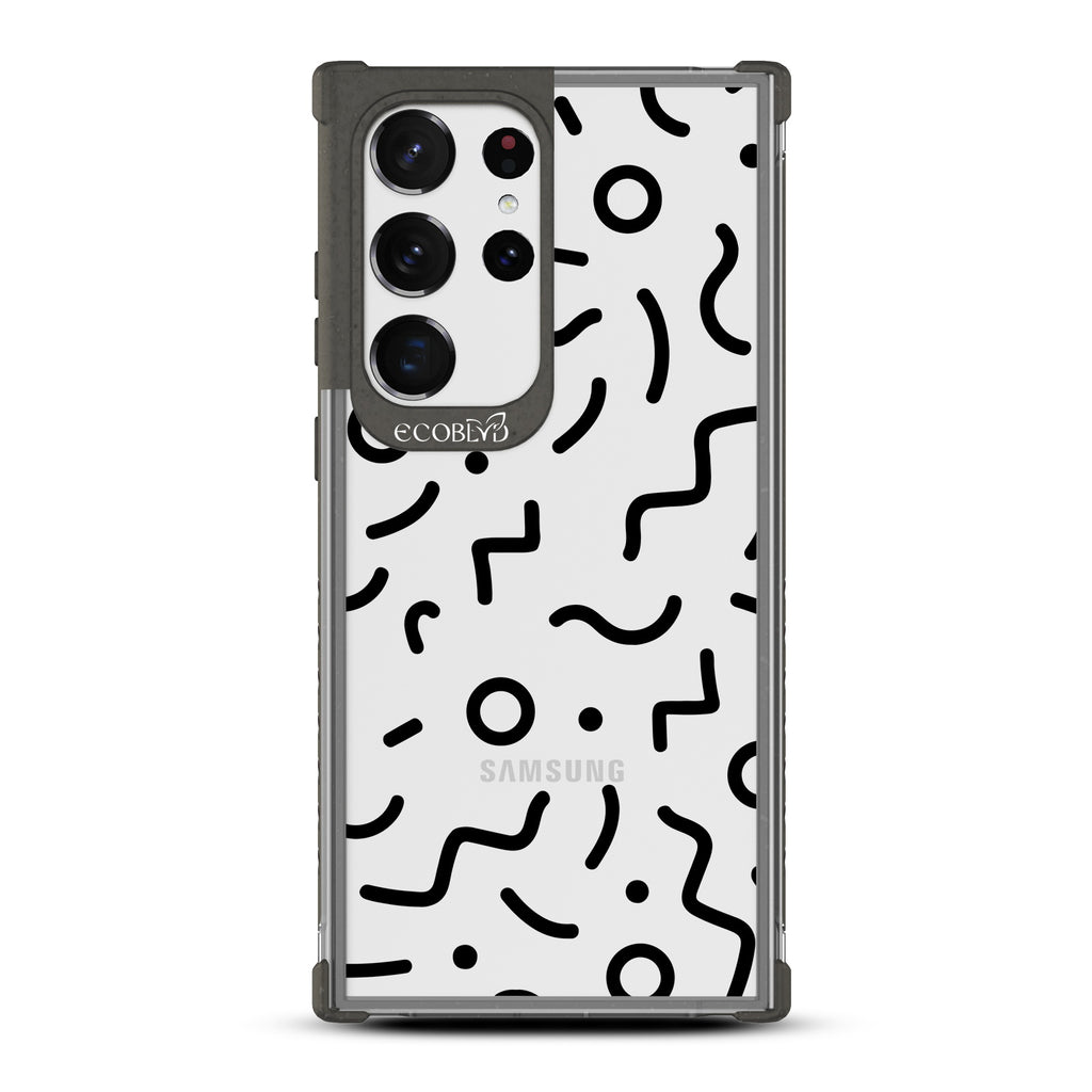 90?€?s Kids - Black Eco-Friendly Galaxy S23 Ultra Case with Retro 90?€?s Lines & Squiggles On A Clear Back