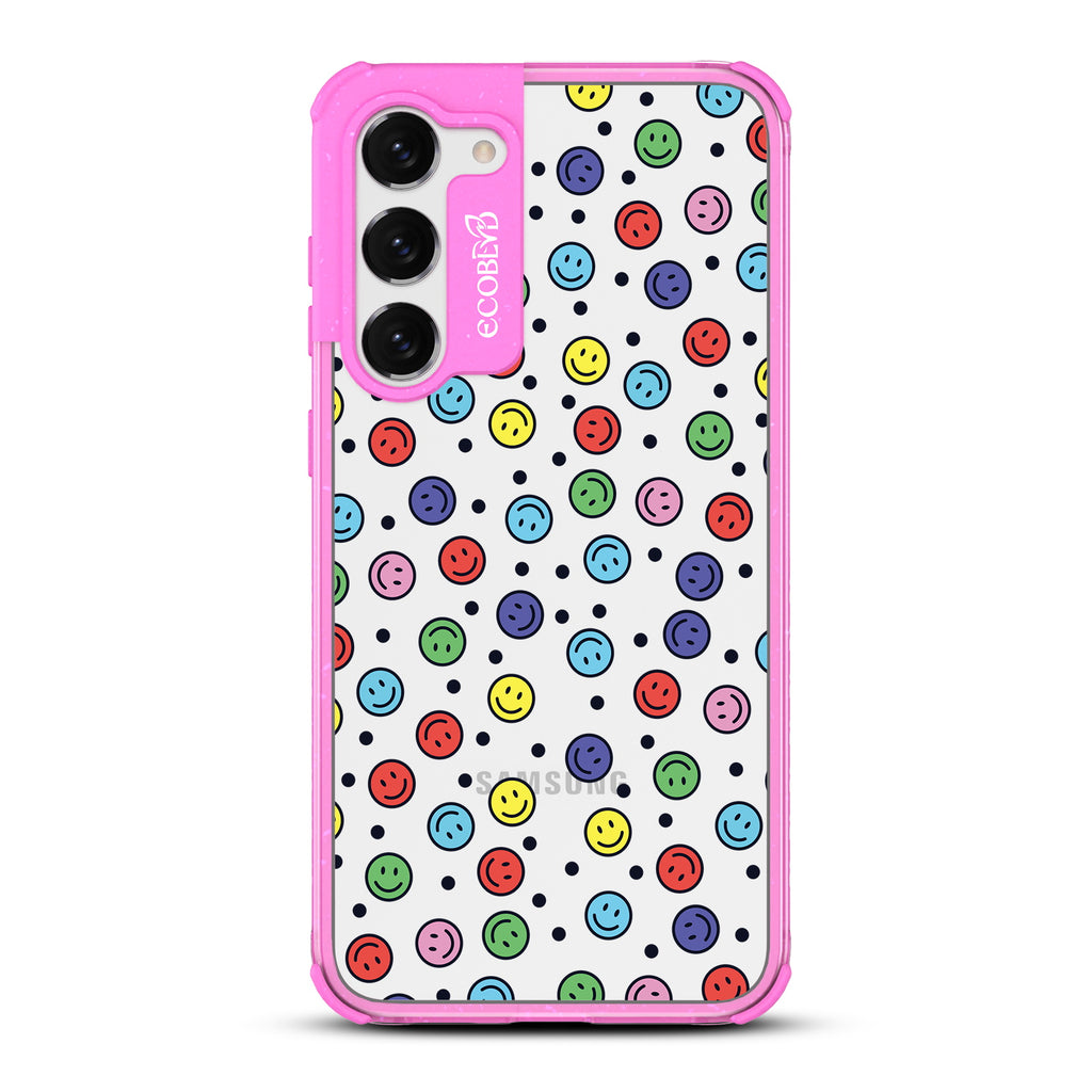 All Smiles - Pink Eco-Friendly Galaxy S23 Case with Colorful Smiley Faces + Black Dots On A Clear Back