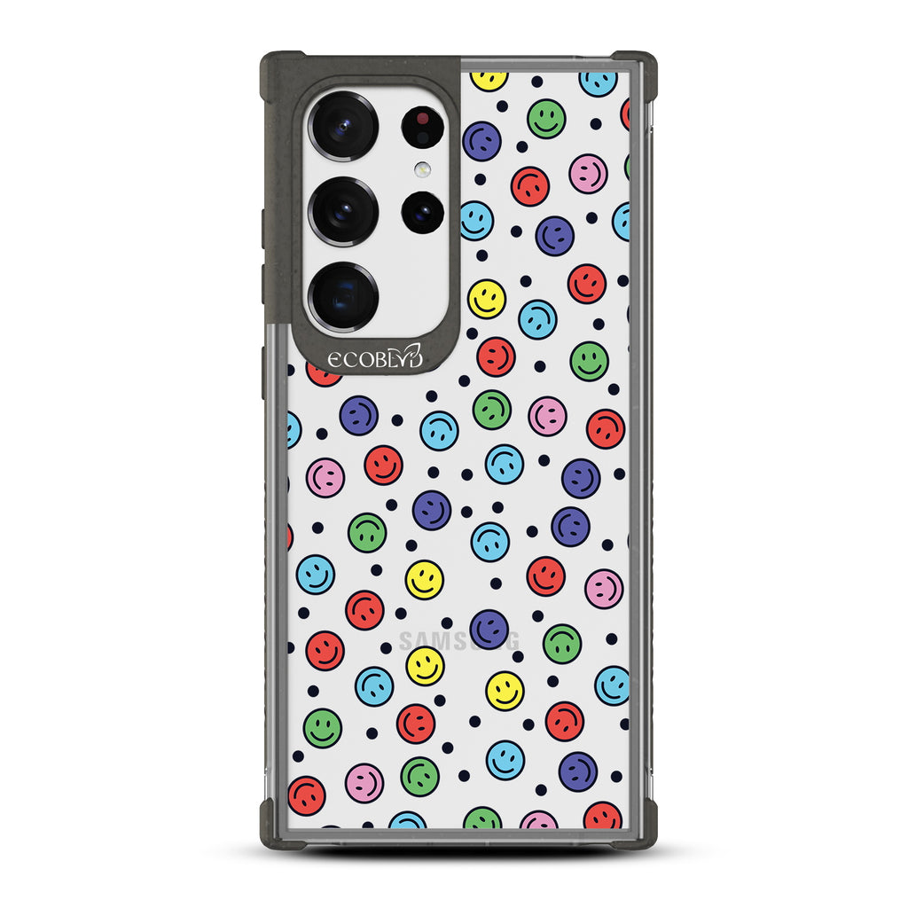All Smiles - Black Eco-Friendly Galaxy S23 Ultra Case with Colorful Smiley Faces + Black Dots On A Clear Back