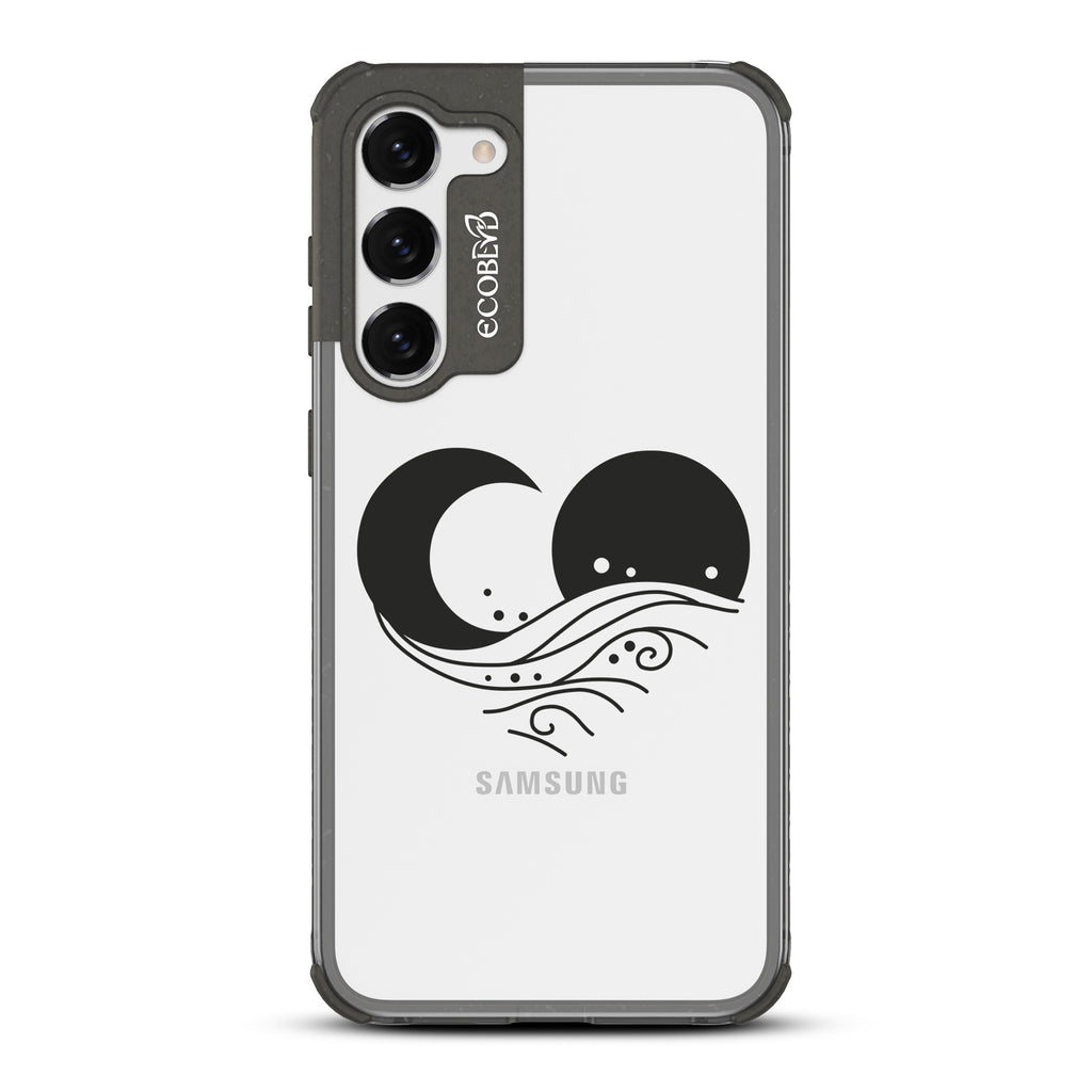 Eternal Wave - Black Eco-Friendly Galaxy S23 Case with Sun, Moon + A Wave Forming A Heart On A Clear Back