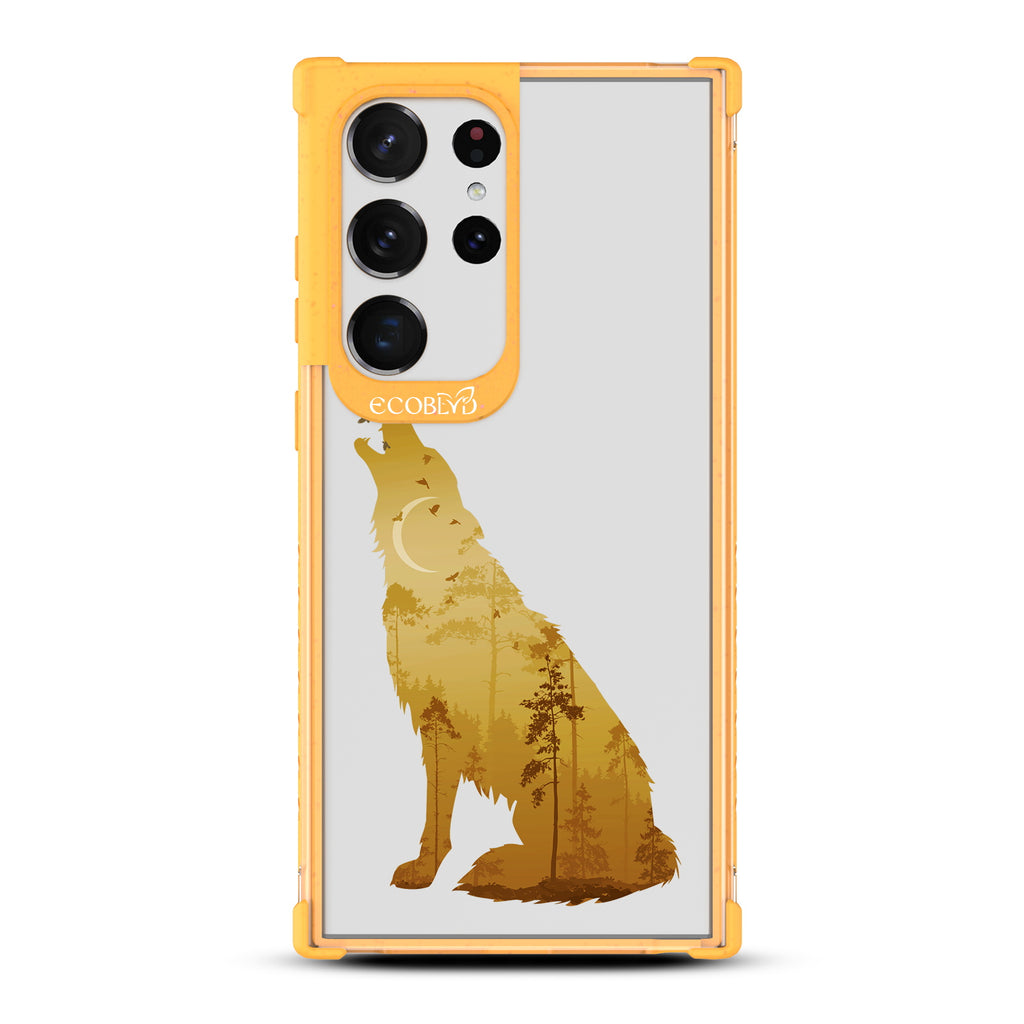 Howl at the Moon - Yellow Eco-Friendly Galaxy S23 Ultra Case With A With Howling Wolf And Moonlit Woodlands Print On A Clear Back