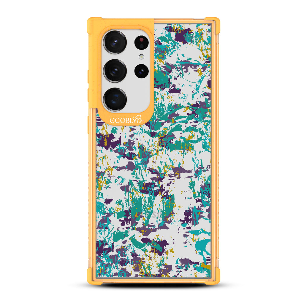 Paint The Town - Yellow Eco-Friendly Galaxy S23 Ultra Case With Abstract Expressionist Paint Splatter On A Clear Back