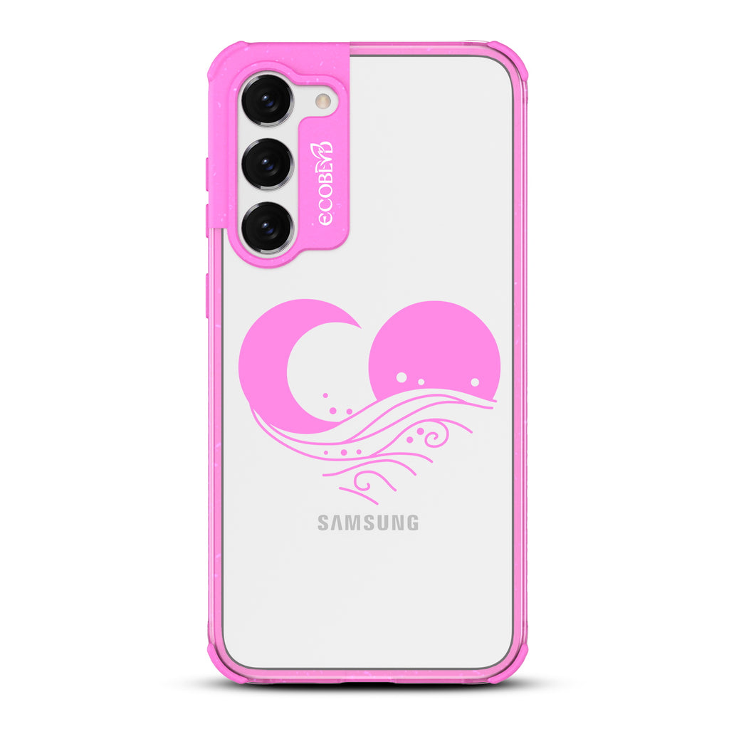 Eternal Wave - Pink Eco-Friendly Galaxy S23 Case with Sun, Moon + A Wave Forming A Heart On A Clear Back