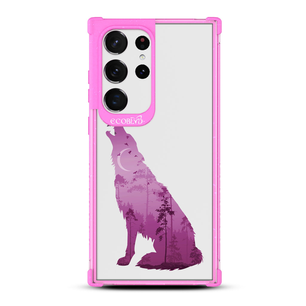 Howl at the Moon - Pink Eco-Friendly Galaxy S23 Ultra Case With A With Howling Wolf And Moonlit Woodlands Print On A Clear Back