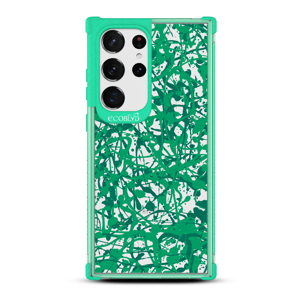 Visionary - Green Eco-Friendly Galaxy S23 Ultra Case With An Abstract Pollock-Style Painting On A Clear Back