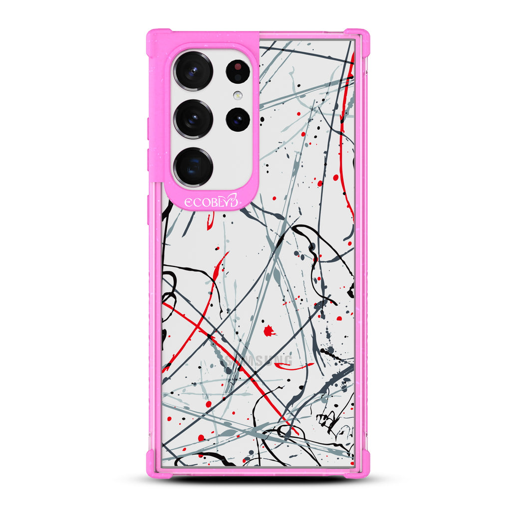 Stroke Of Genius - Pink Eco-Friendly Galaxy S23 Ultra Case With Black & Red Paint Splatter On A Clear Back