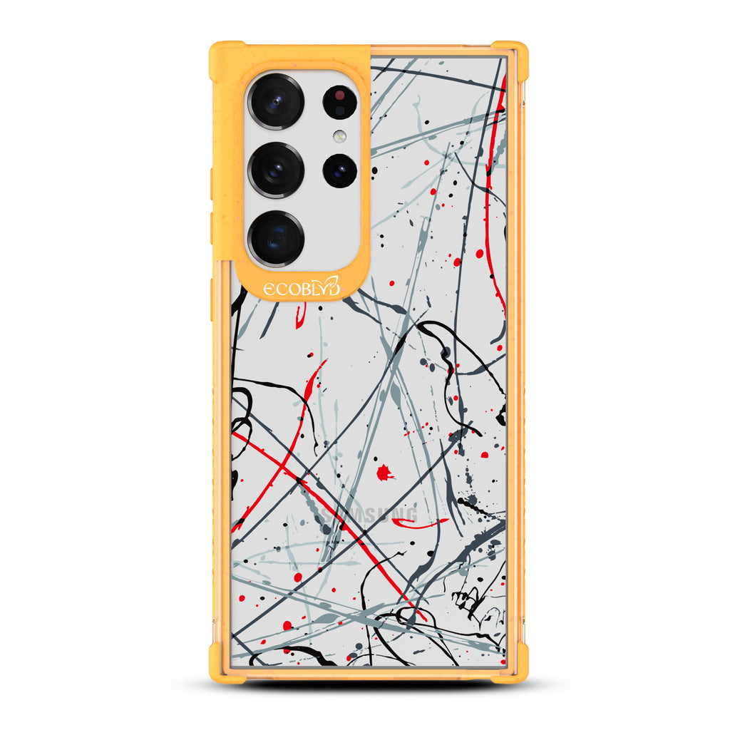 Stroke Of Genius - Yellow Eco-Friendly Galaxy S23 Ultra Case With Black & Red Paint Splatter On A Clear Back