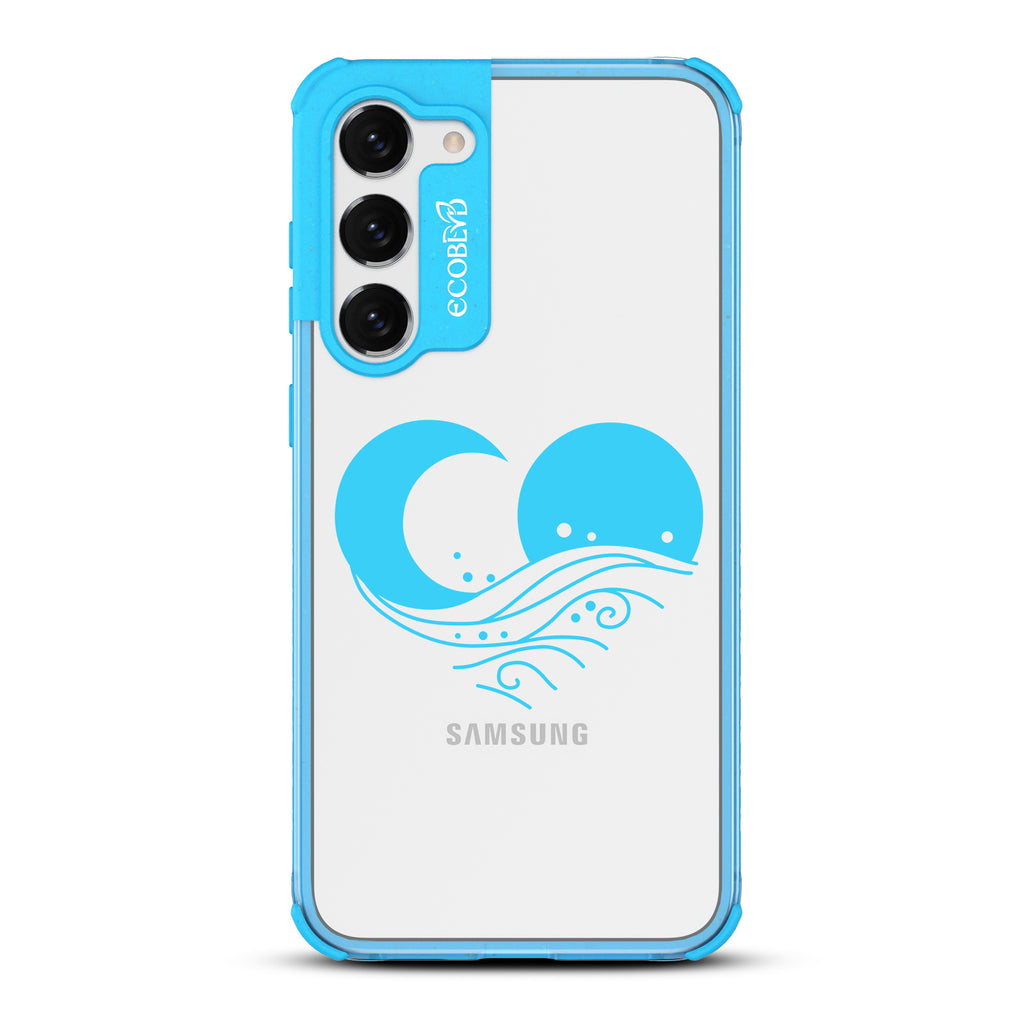 Eternal Wave - Blue Eco-Friendly Galaxy S23 Case with Sun, Moon + A Wave Forming A Heart On A Clear Back
