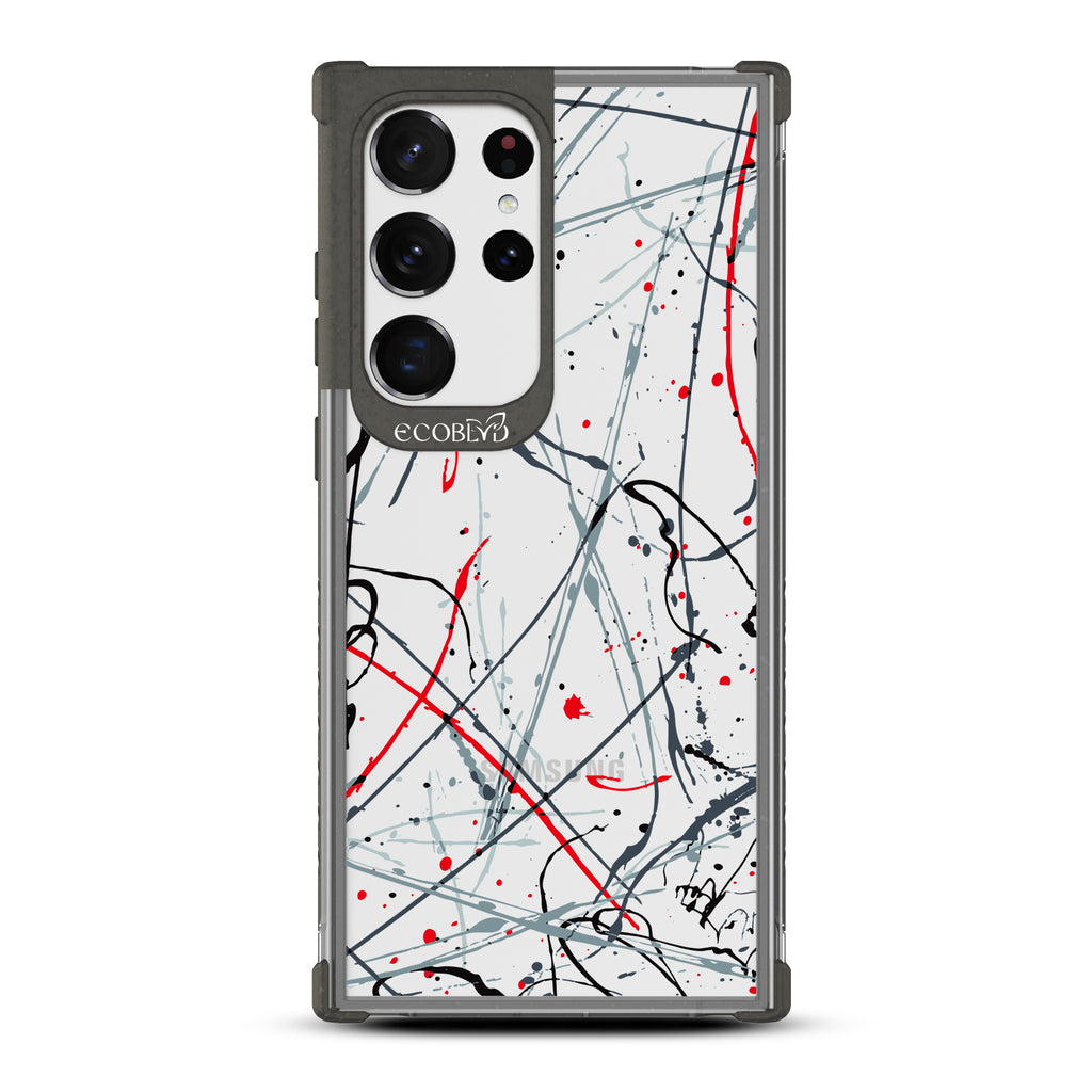 Stroke Of Genius - Black Eco-Friendly Galaxy S23 Ultra Case With Black & Red Paint Splatter On A Clear Back