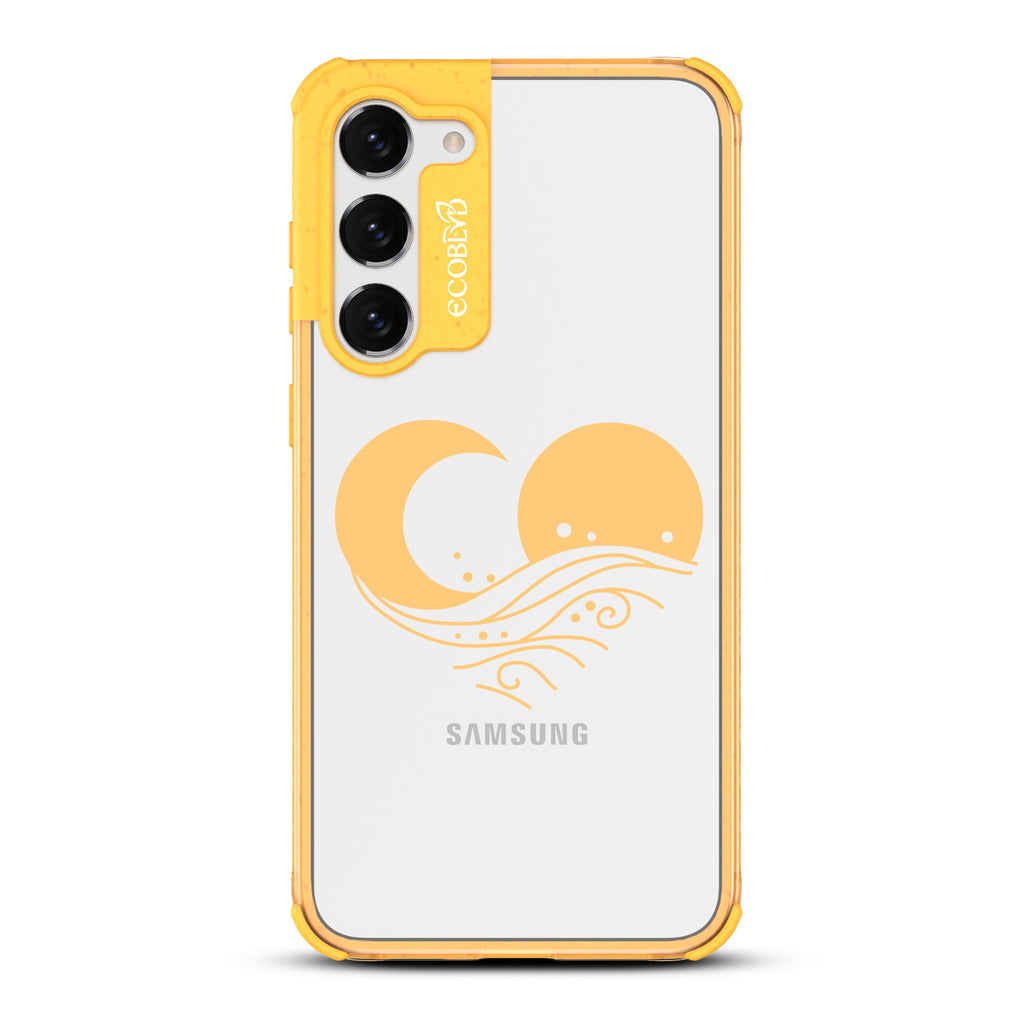 Eternal Wave - Yellow Eco-Friendly Galaxy S23 Case with Sun, Moon + A Wave Forming A Heart On A Clear Back