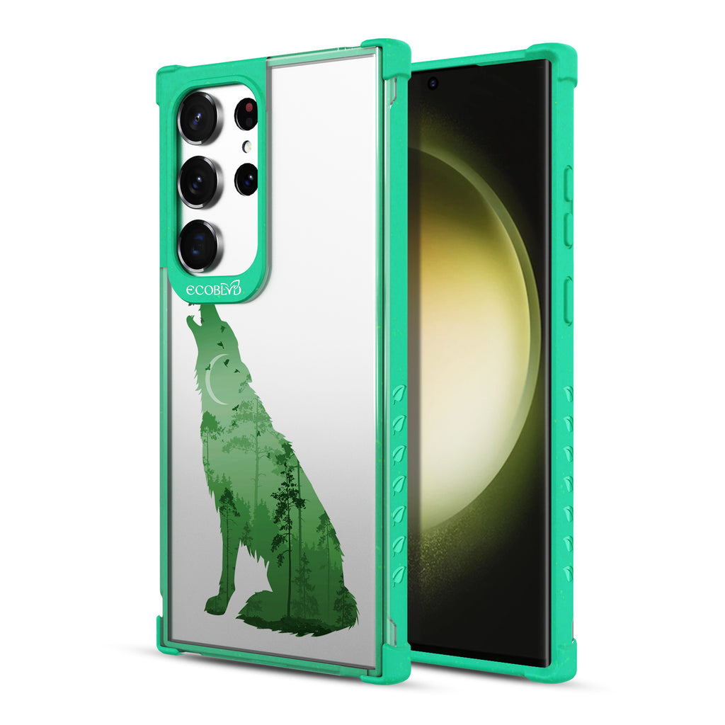 Howl at the Moon - Back View Of Green & Clear Eco-Friendly Galaxy S23 Ultra Case & A Front View Of The Screen