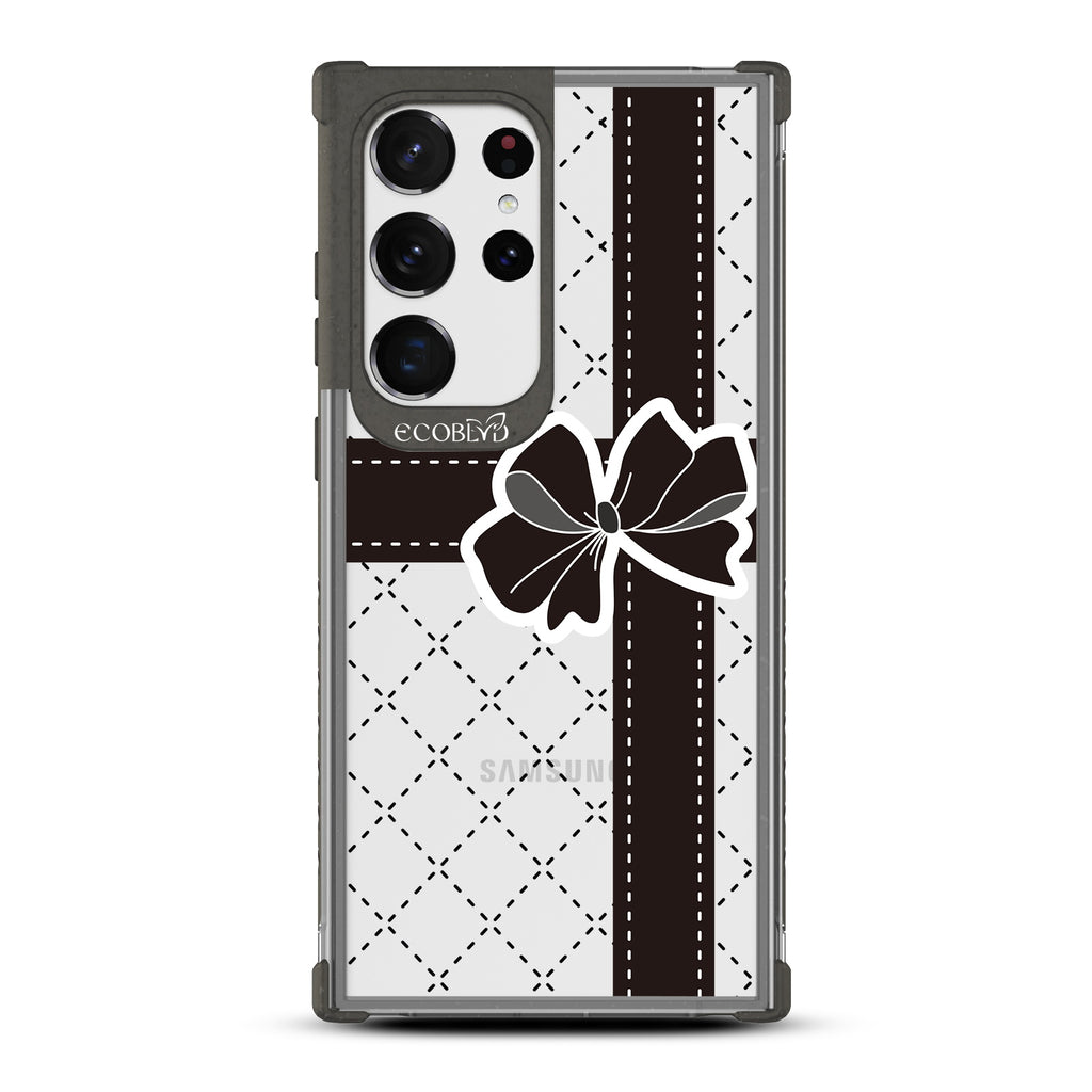 All Wrapped Up - Black Eco-Friendly Galaxy S23 Ultra Case with Black Bow, Ribbon + Argyle Print On A Clear Back