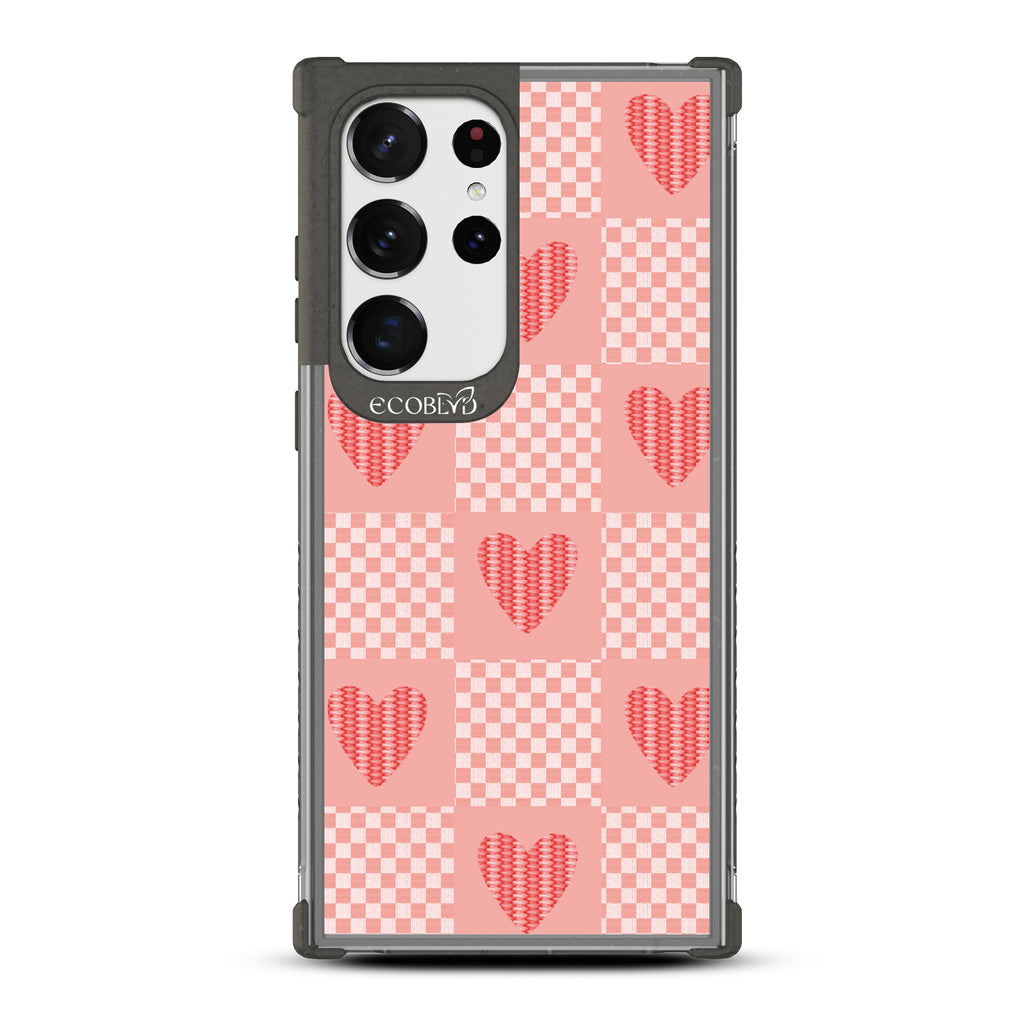 Love Connection - Black Eco-Friendly Galaxy S23 Ultra Case With Gingham Print Of Chevron Squares & Sewn Hearts On A Clear Back