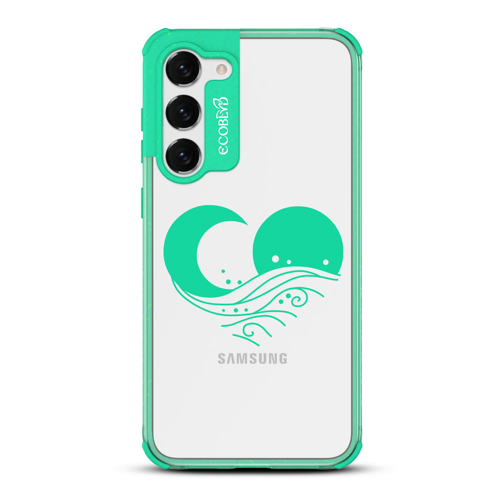 Eternal Wave - Green Eco-Friendly Galaxy S23 Case with Sun, Moon + A Wave Forming A Heart On A Clear Back