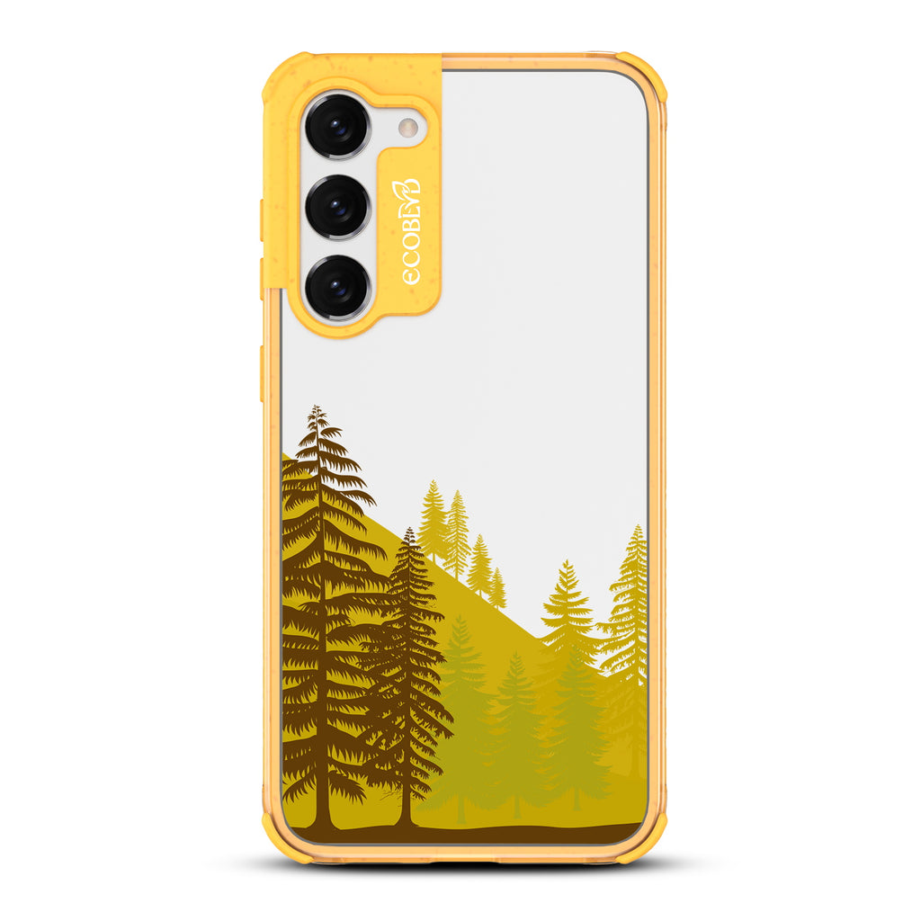Forest - Yellow Eco-Friendly Galaxy S23 Plus Case With A Minimalist Pine Tree Forest On A Clear Back
