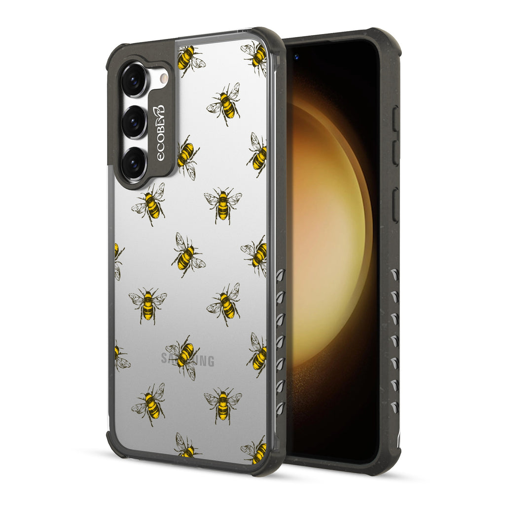 Bees - Back View Of Black & Clear Eco-Friendly Galaxy S23 Plus Case & A Front View Of The Screen