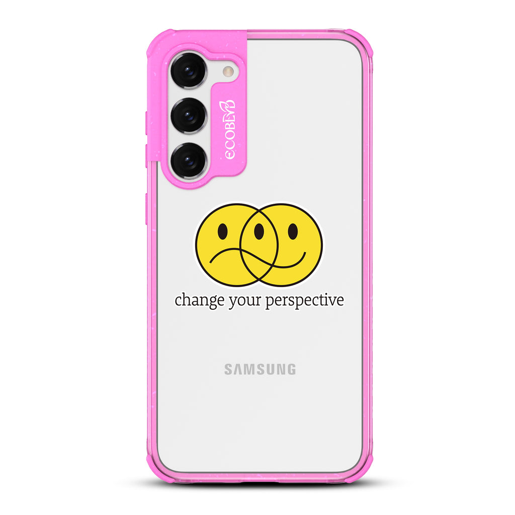 Perspective - Pink Eco-Friendly Galaxy S23 Case With A Happy/Sad Face & Change Your Perspective On A Clear Back