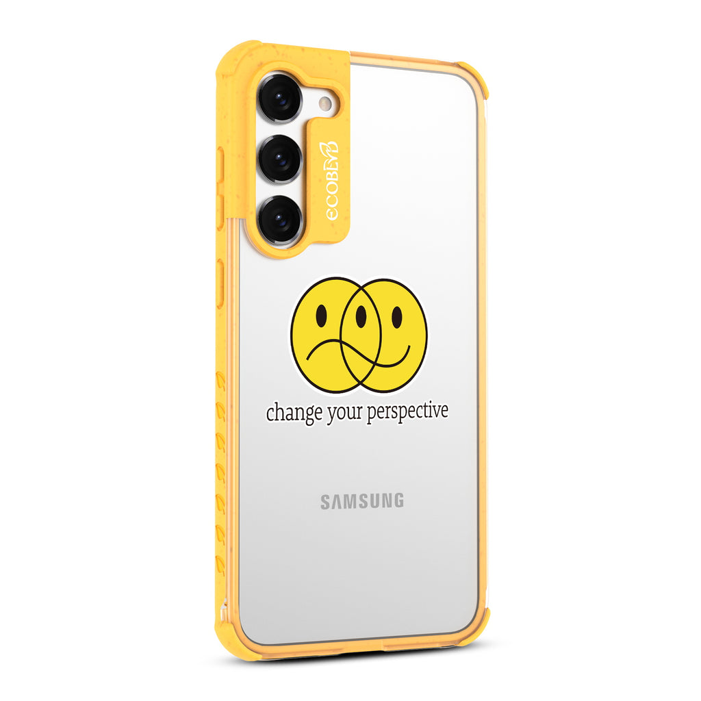 Perspective - Left-side View Of Yellow & Clear Eco-Friendly Galaxy S23 Case