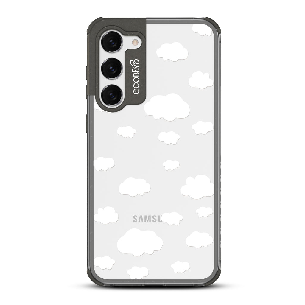 Clouds - Black Eco-Friendly Galaxy S23 Case with Cartoon Clouds and On A Clear Back