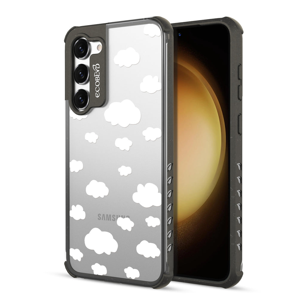 Clouds - Back View Of Black & Clear Eco-Friendly Galaxy S23 Case & A Front View Of The Screen