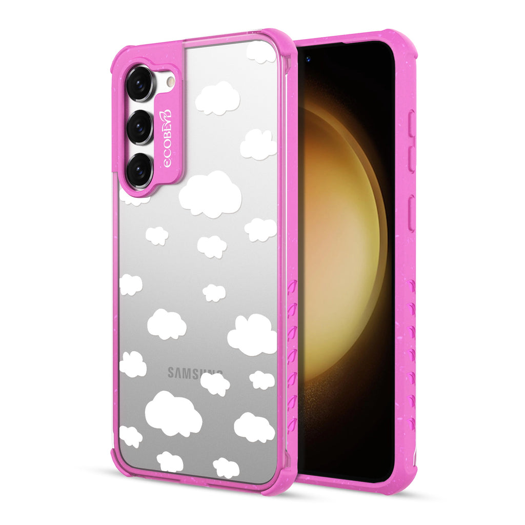 Clouds - Back View Of Pink & Clear Eco-Friendly Galaxy S23 Case & A Front View Of The Screen