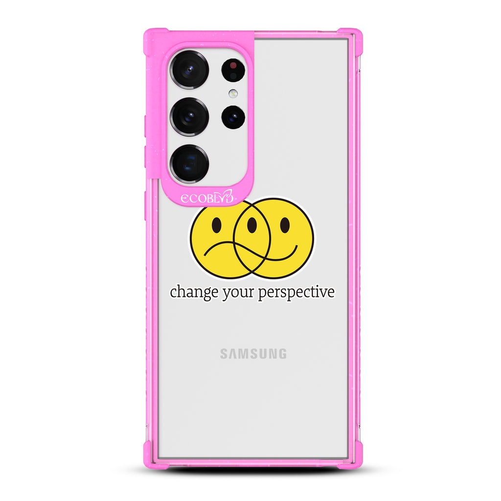 Perspective - Pink Eco-Friendly Galaxy S23 Ultra Case With A Happy/Sad Face & Change Your Perspective On A Clear Back