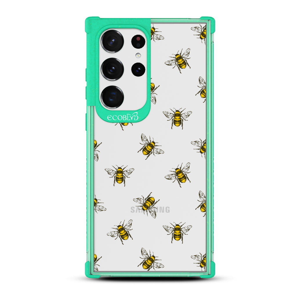 Bees - Green Eco-Friendly Galaxy S23 Ultra Case with Honey Bees On A Clear Back