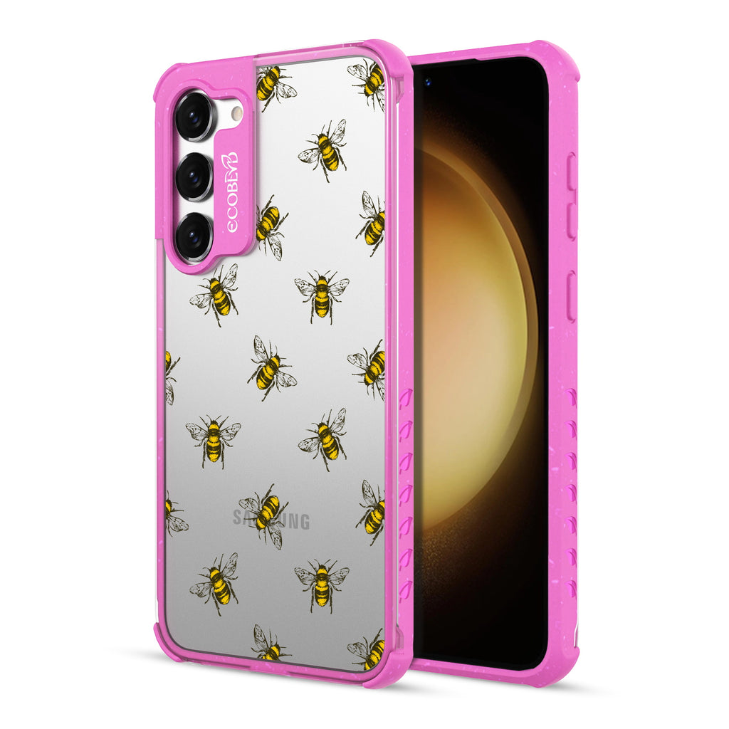 Bees - Back View Of Pink & Clear Eco-Friendly Galaxy S23 Plus Case & A Front View Of The Screen