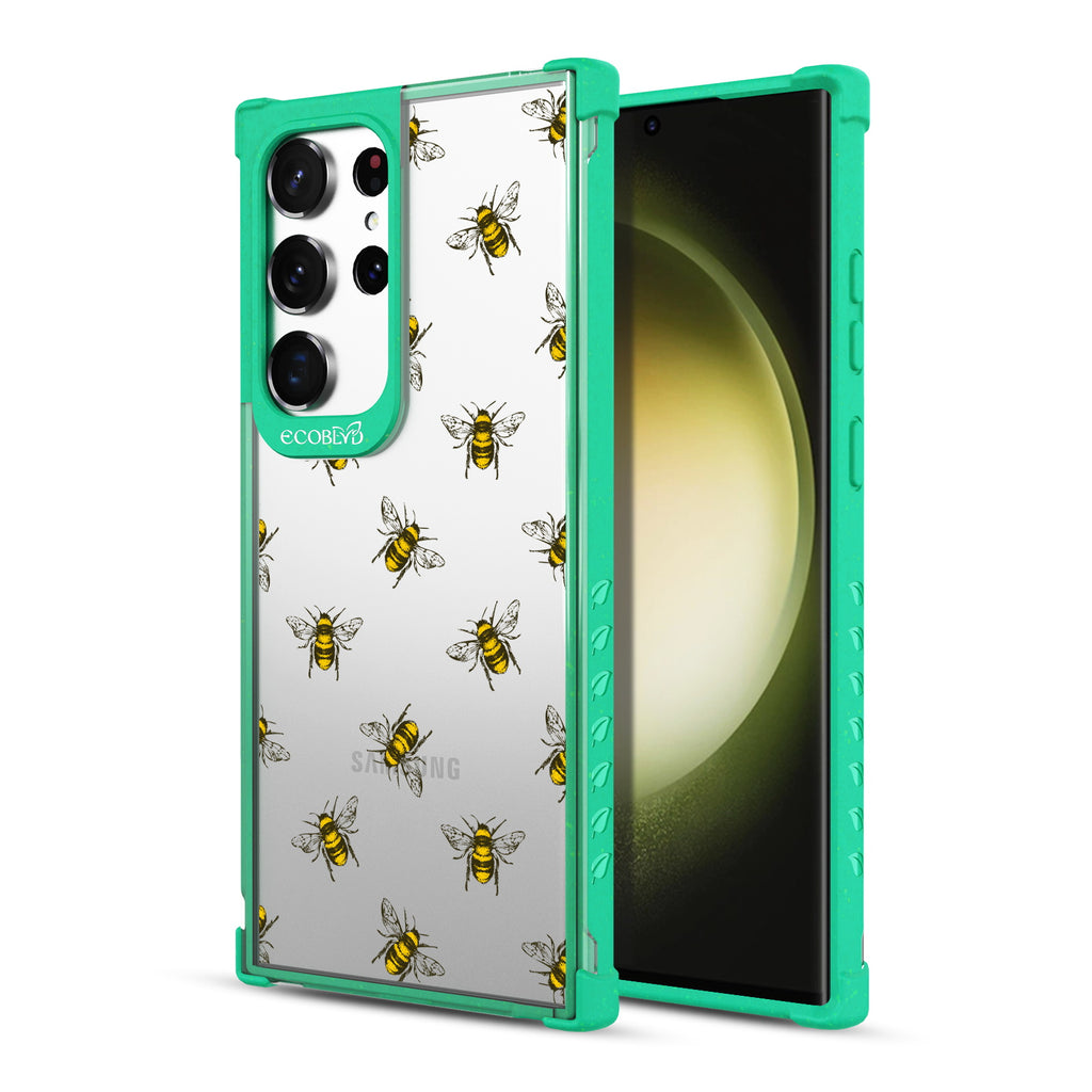 Bees - Back View Of Green & Clear Eco-Friendly Galaxy S23 Ultra Case & A Front View Of The Screen