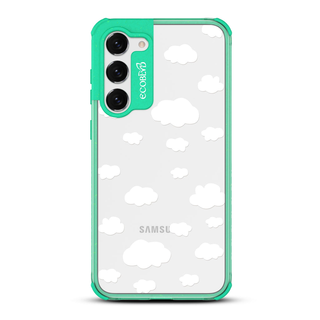 Clouds - Green Eco-Friendly Galaxy S23 Case with Cartoon Clouds and On A Clear Back