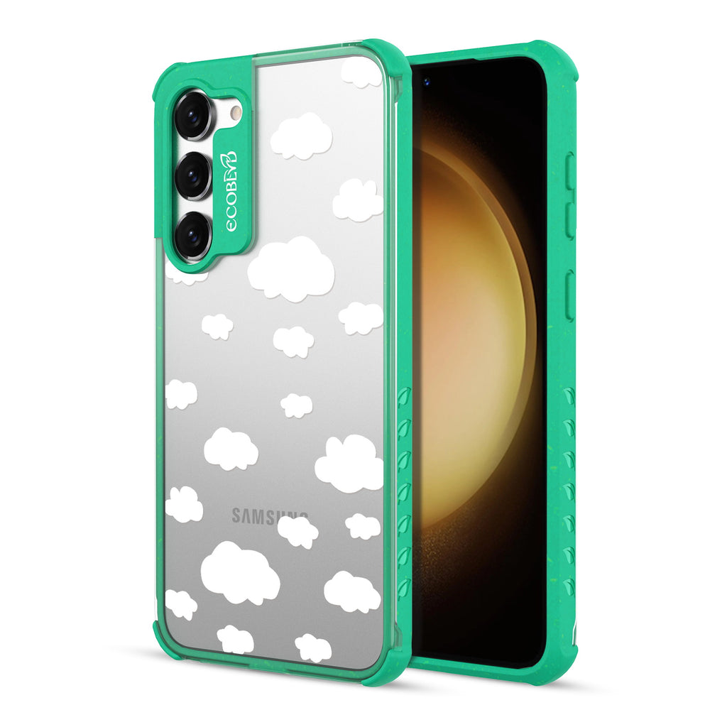Clouds - Back View Of Green & Clear Eco-Friendly Galaxy S23 Case & A Front View Of The Screen