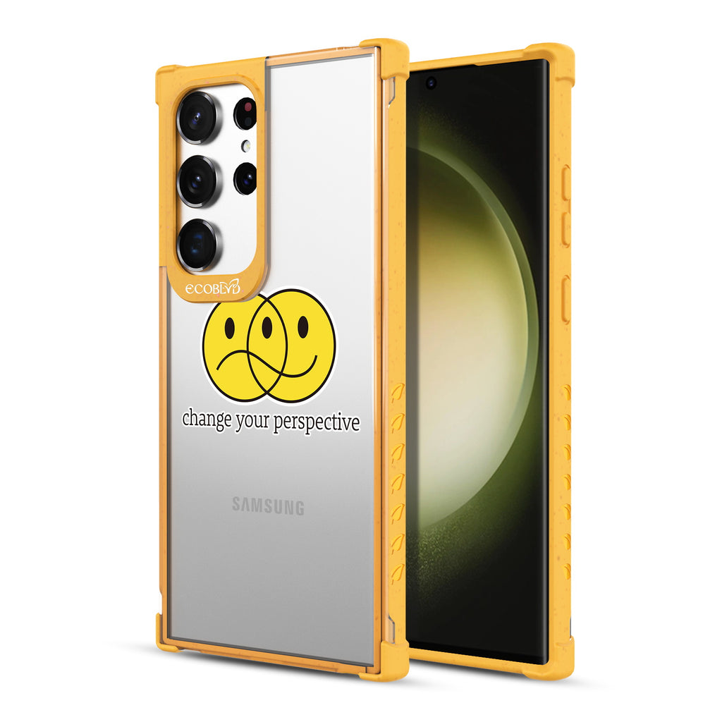 Perspective - Back View Of Yellow & Clear Eco-Friendly Galaxy S23 Ultra Case & A Front View Of The Screen