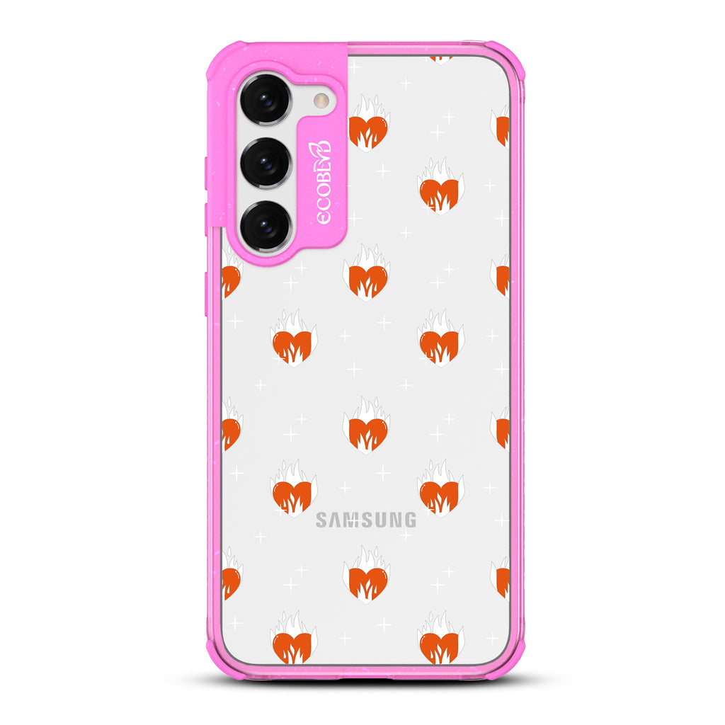 Burning Hearts - Pink Eco-Friendly Galaxy S23 Case with Flaming Hearts On A Clear Back