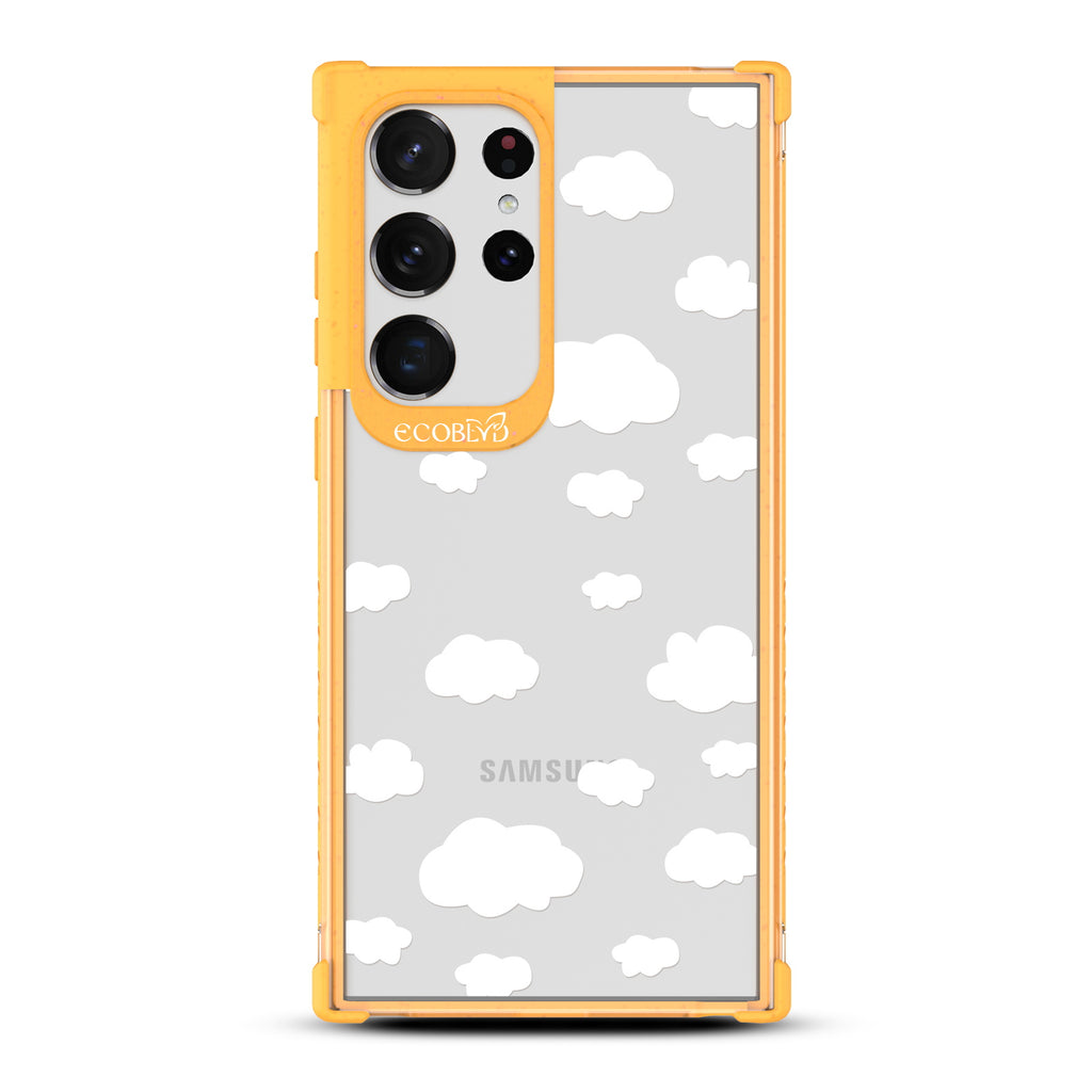 Clouds - Yellow Eco-Friendly Galaxy S23 Ultra Case with Cartoon Clouds and On A Clear Back