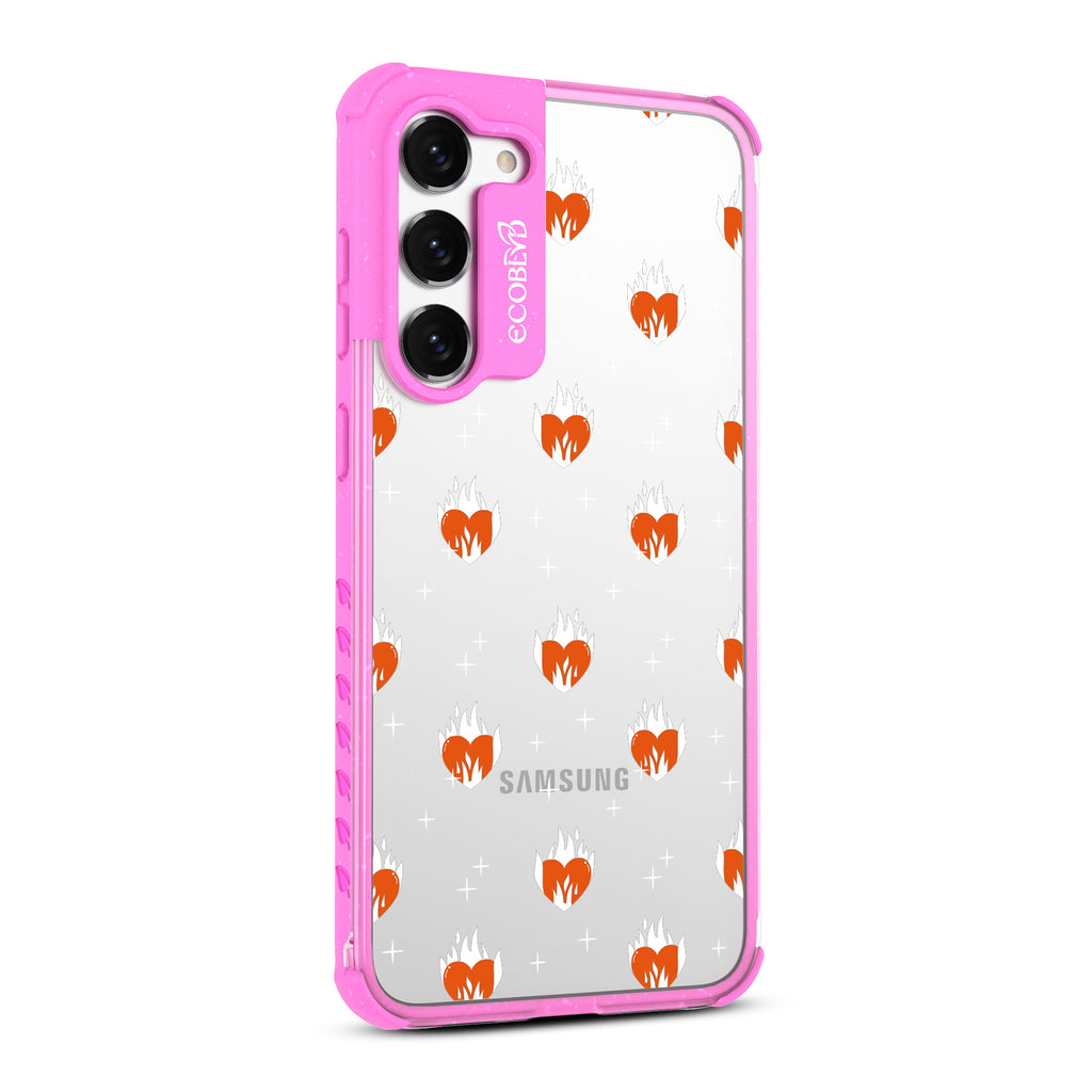 Burning Hearts  - Left-side View Of Pink & Clear Eco-Friendly Galaxy S23 Case