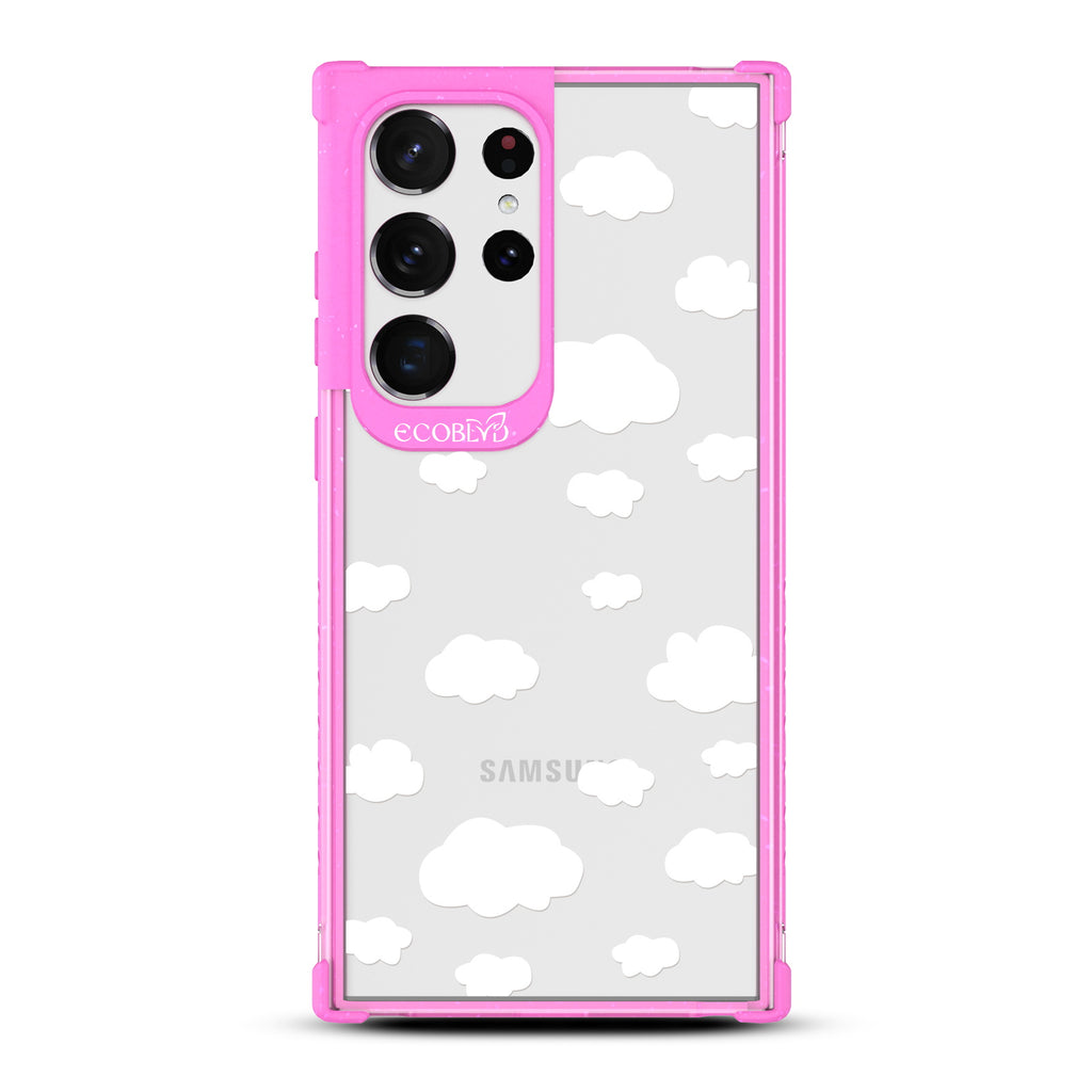 Clouds - Pink Eco-Friendly Galaxy S23 Ultra Case with Cartoon Clouds and On A Clear Back