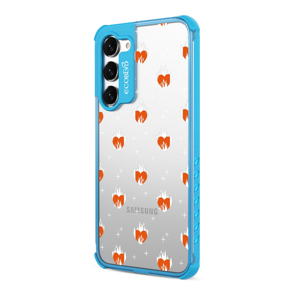 Burning Hearts  - Right-side View Of Blue & Clear Eco-Friendly Galaxy S23 Case