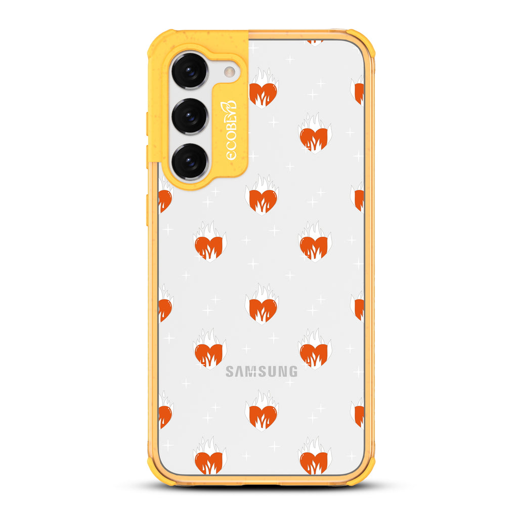Burning Hearts - Yellow Eco-Friendly Galaxy S23 Case with Flaming Hearts On A Clear Back