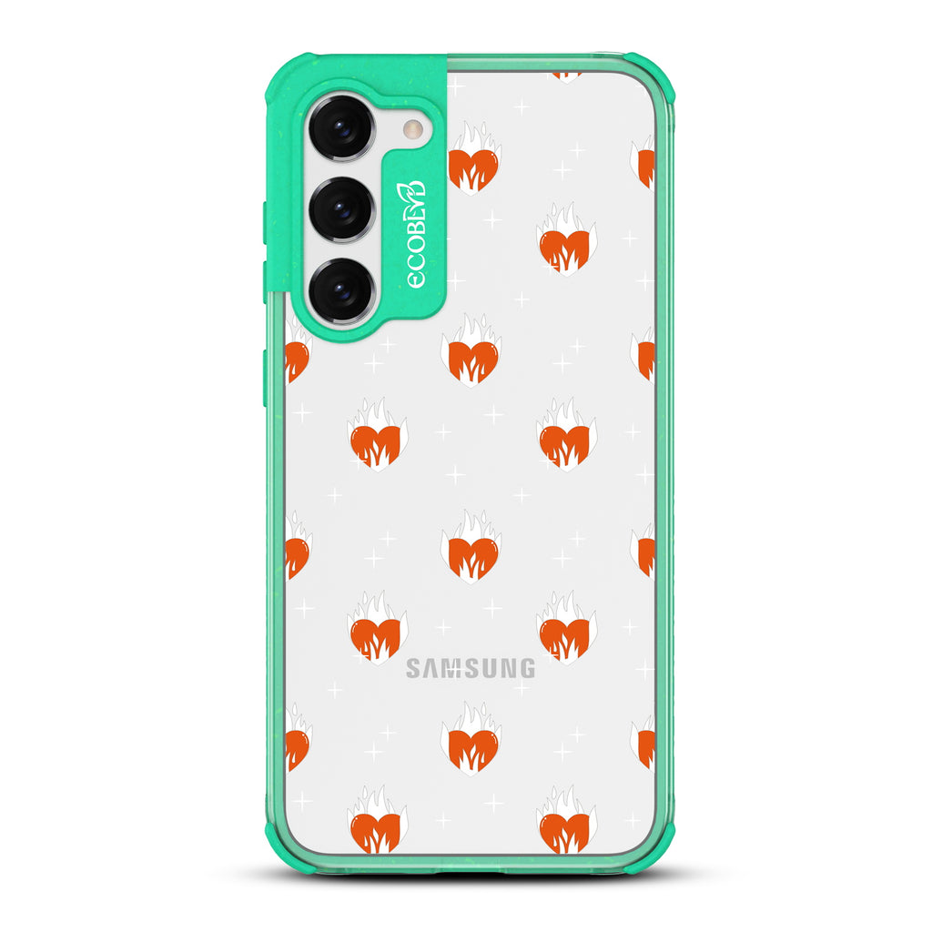 Burning Hearts - Green Eco-Friendly Galaxy S23 Case with Flaming Hearts On A Clear Back