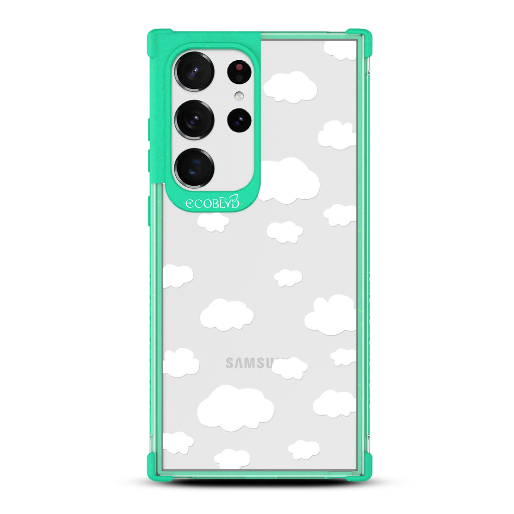 Clouds - Green Eco-Friendly Galaxy S23 Ultra Case with Cartoon Clouds and On A Clear Back