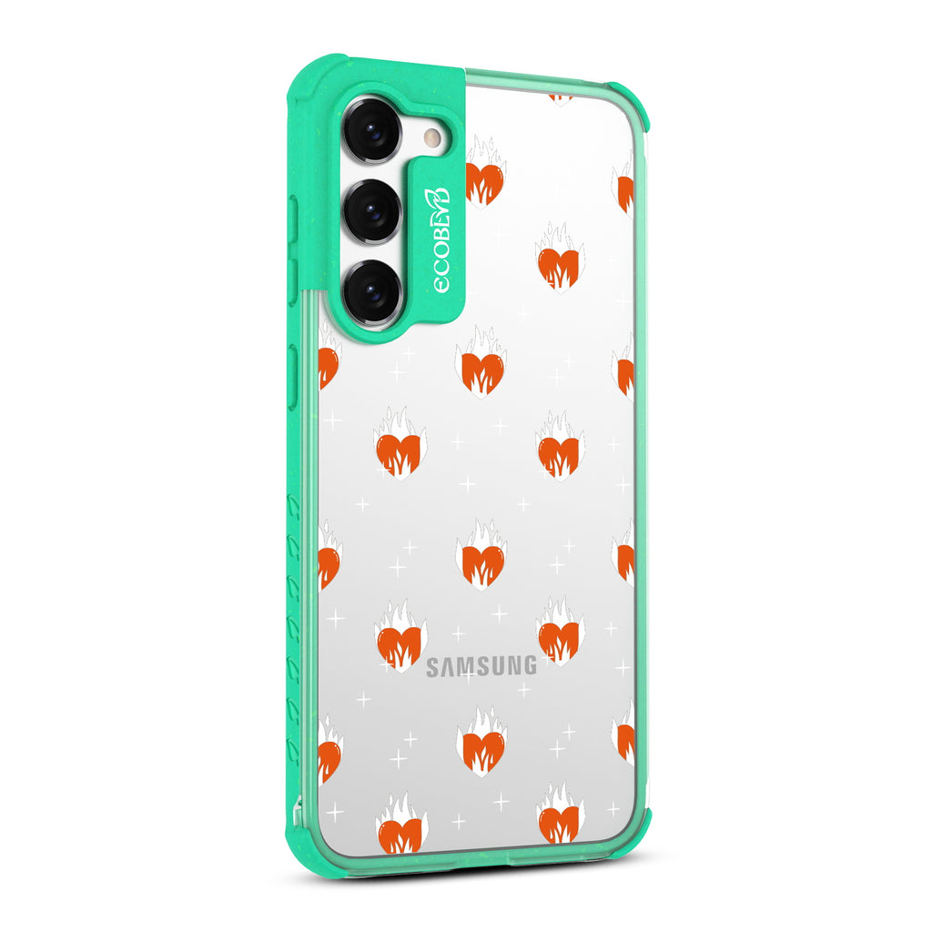 Burning Hearts  - Left-side View Of Green & Clear Eco-Friendly Galaxy S23 Case