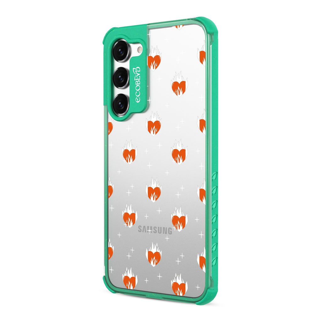 Burning Hearts  - Right-side View Of Green & Clear Eco-Friendly Galaxy S23 Case