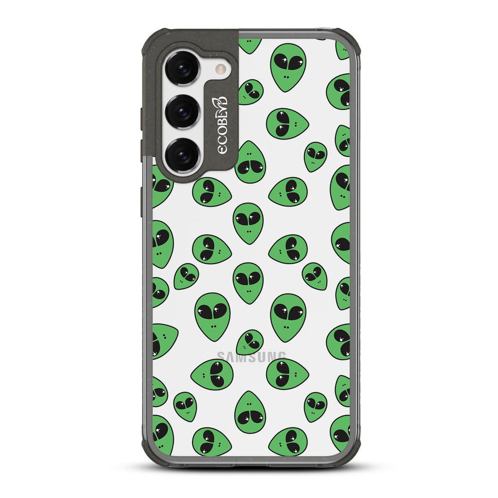 Aliens - Black Eco-Friendly Galaxy S23 Plus Case with Green Alien Heads On A Clear Back