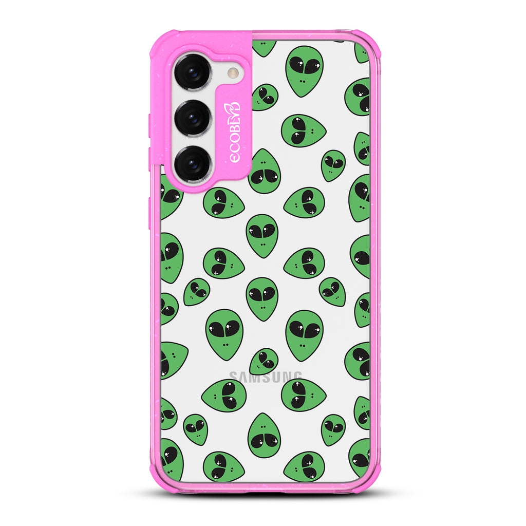 Aliens - Pink Eco-Friendly Galaxy S23 Case with Green Alien Heads On A Clear Back
