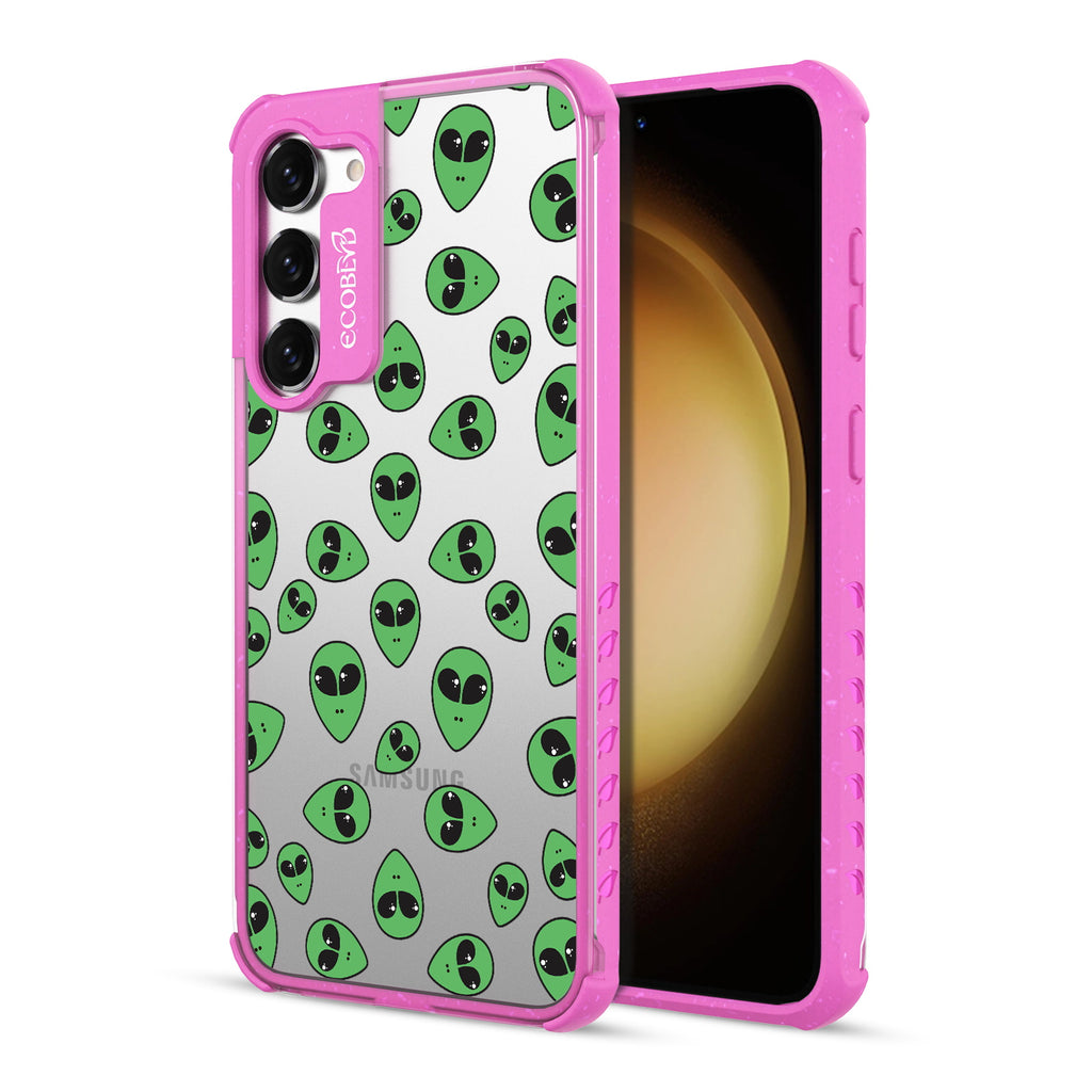 Aliens - Back View Of Pink & Clear Eco-Friendly Galaxy S23 Case & A Front View Of The Screen