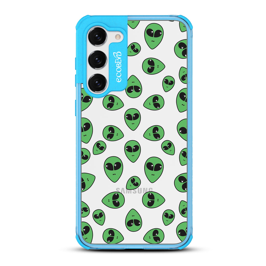 Aliens - Blue Eco-Friendly Galaxy S23 Case with Green Alien Heads On A Clear Back