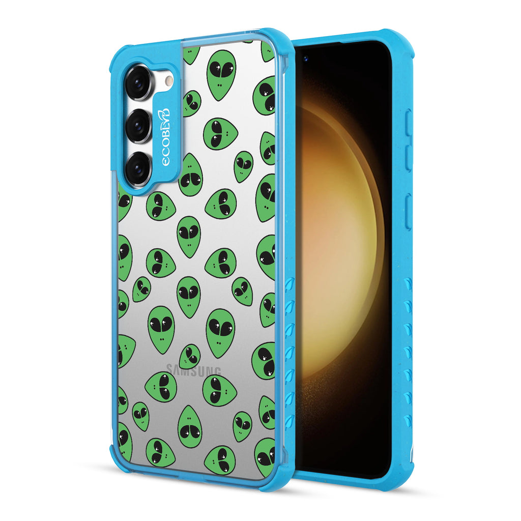 Aliens - Back View Of Blue & Clear Eco-Friendly Galaxy S23 Case & A Front View Of The Screen
