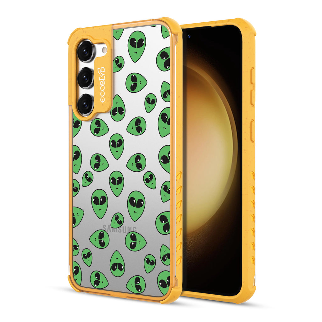 Aliens - Back View Of Yellow & Clear Eco-Friendly Galaxy S23 Case & A Front View Of The Screen